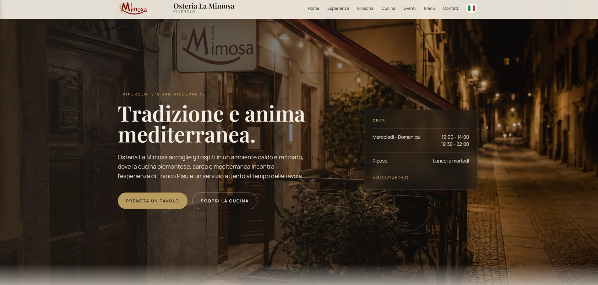Anteprima del sito web di Osteria La Mimosa a Pinerolo, ristorante di cucina piemontese, sarda e mediterranea